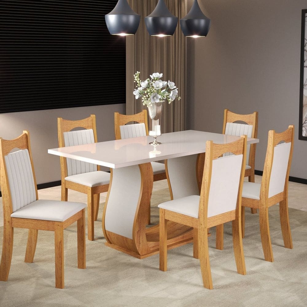 Mesa de Jantar Retangular Anne 160x80cm com 6 Cadeiras Dalas Mel/Off White/Marfim