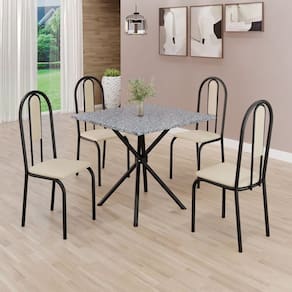 Conjunto Sala de Jantar Mesa Quadrada 75x75cm Tampo Granito Ocre 4 Cadeiras Linda Yescasa Creme/Preto Fosco