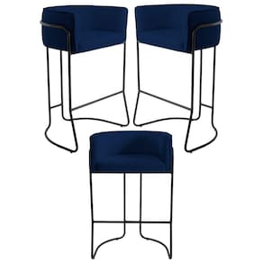 Kit 3 Banquetas Base Aço Preto Betina B-304 Veludo Azul Marinho - Domi
