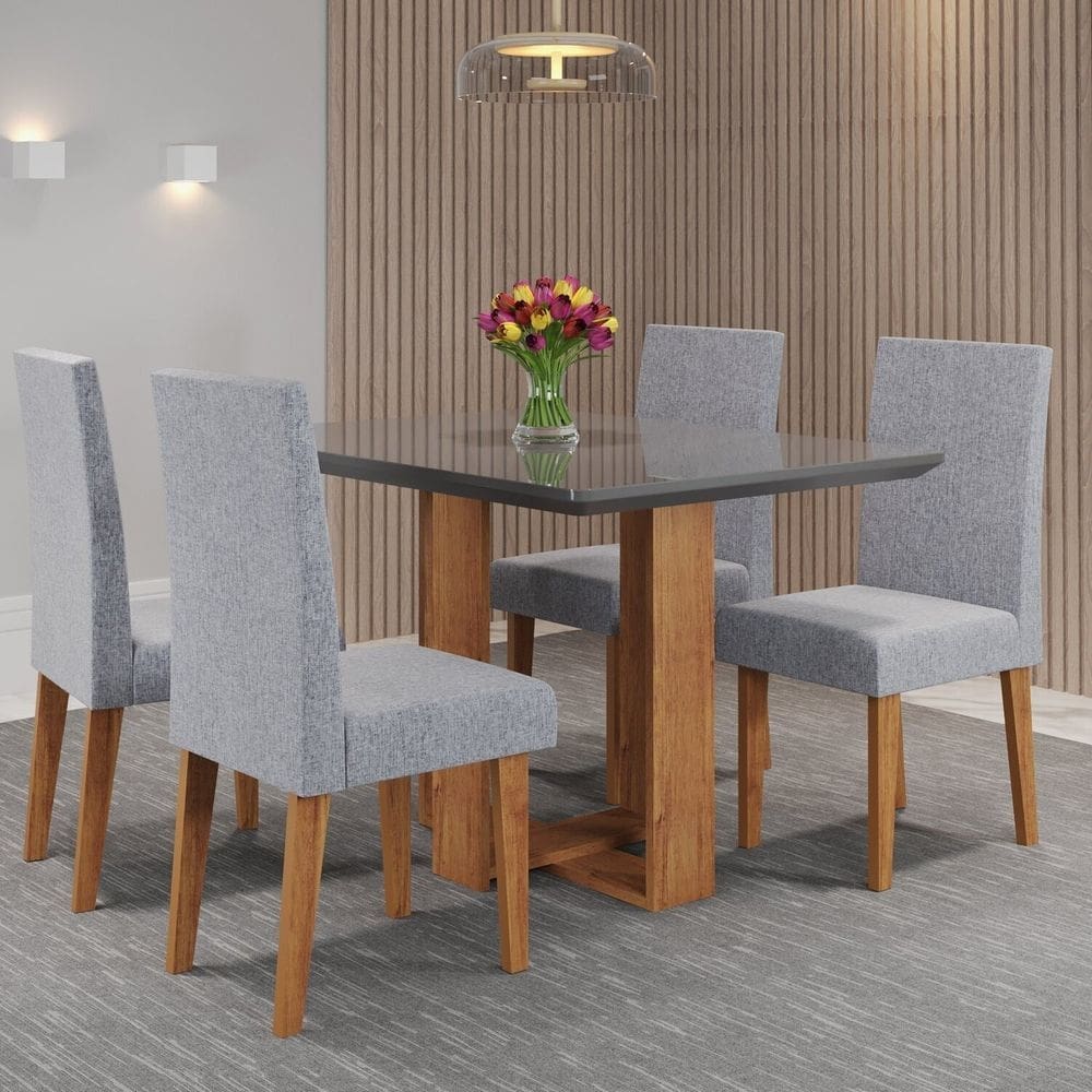 Mesa de Jantar Retangular Ville 120x90cm com 4 Cadeiras Venus Mel/Grafite/Inox