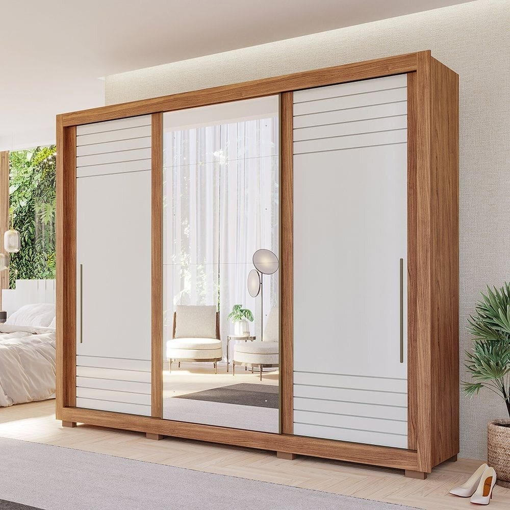 Guarda Roupa Mdf Casal 3 Portas de Correr Espelho e 6 Gavetas Aracruz Espresso Móveis Cinamomo/Off White