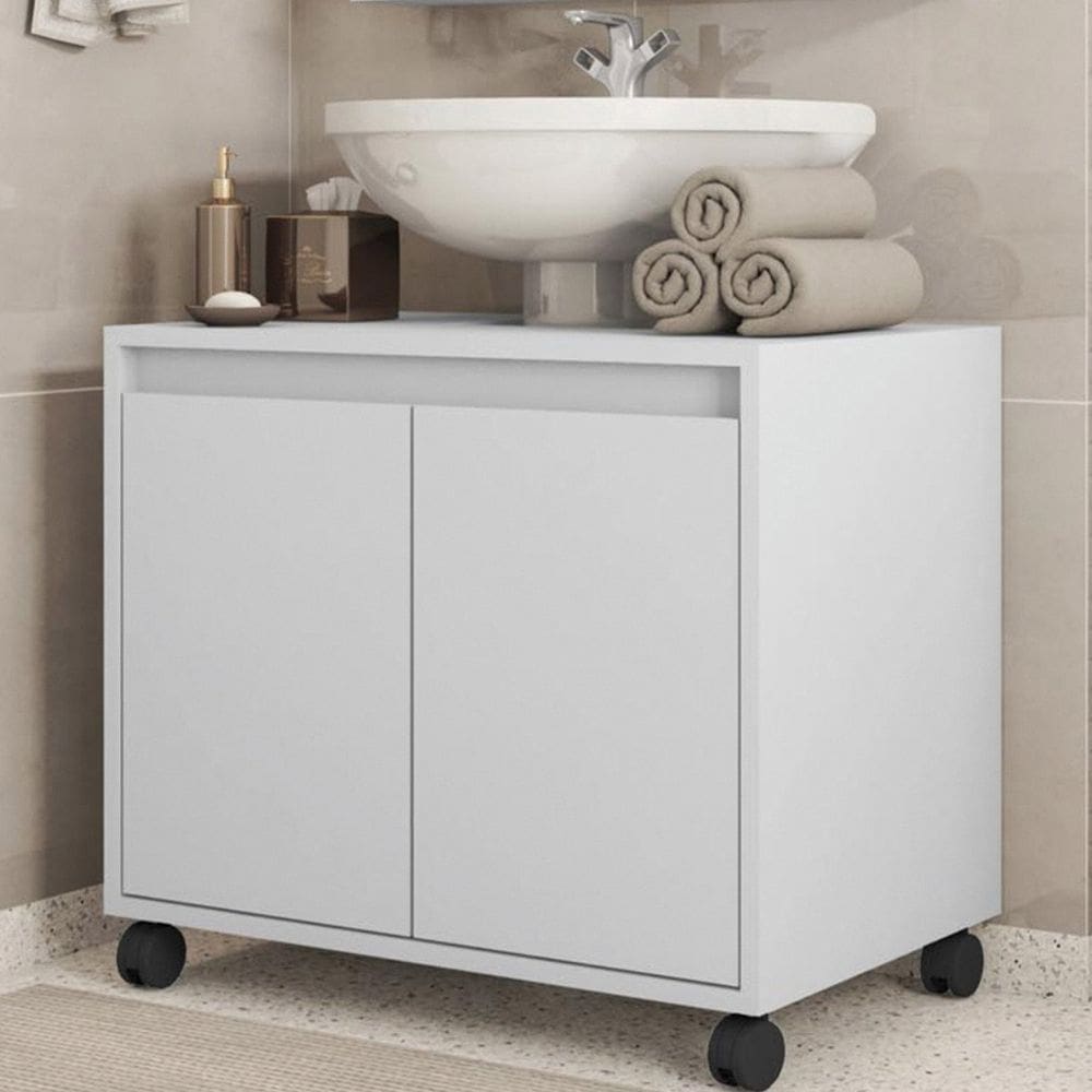 Gabinete Armário para Banheiro Rodízios Clean Branco Perfect