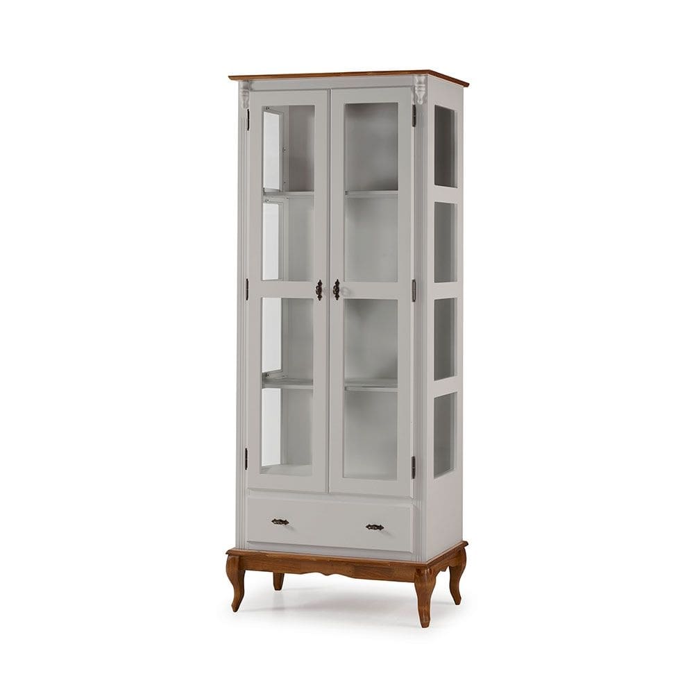 Cristaleira 2 Portas e Laterais em Vidro 1 Gaveta Pés Luis XV Sevilha - Laca Nude/ Imbuia