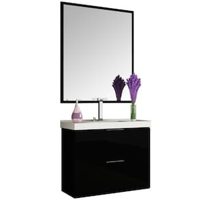 Kit Banheiro Gabinete 80Cm Pietra B06 Preto Brilho
