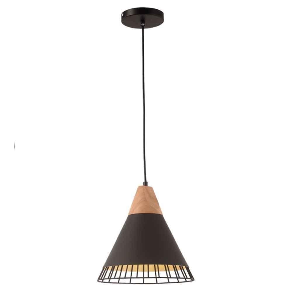 Pendente aramado wood preto detalhe em madeira design estilo
