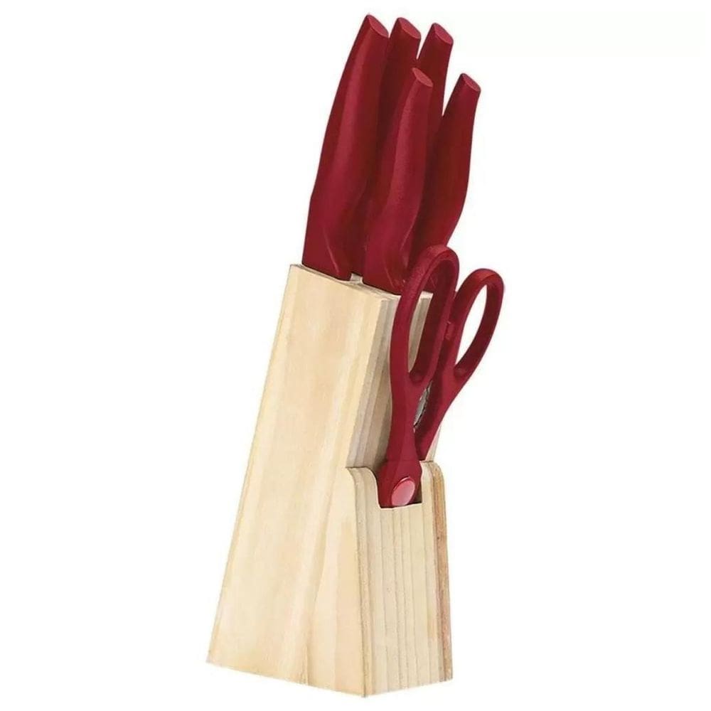 Conjunto de facas 7 pçs c suporte de madeira vermelha brinox