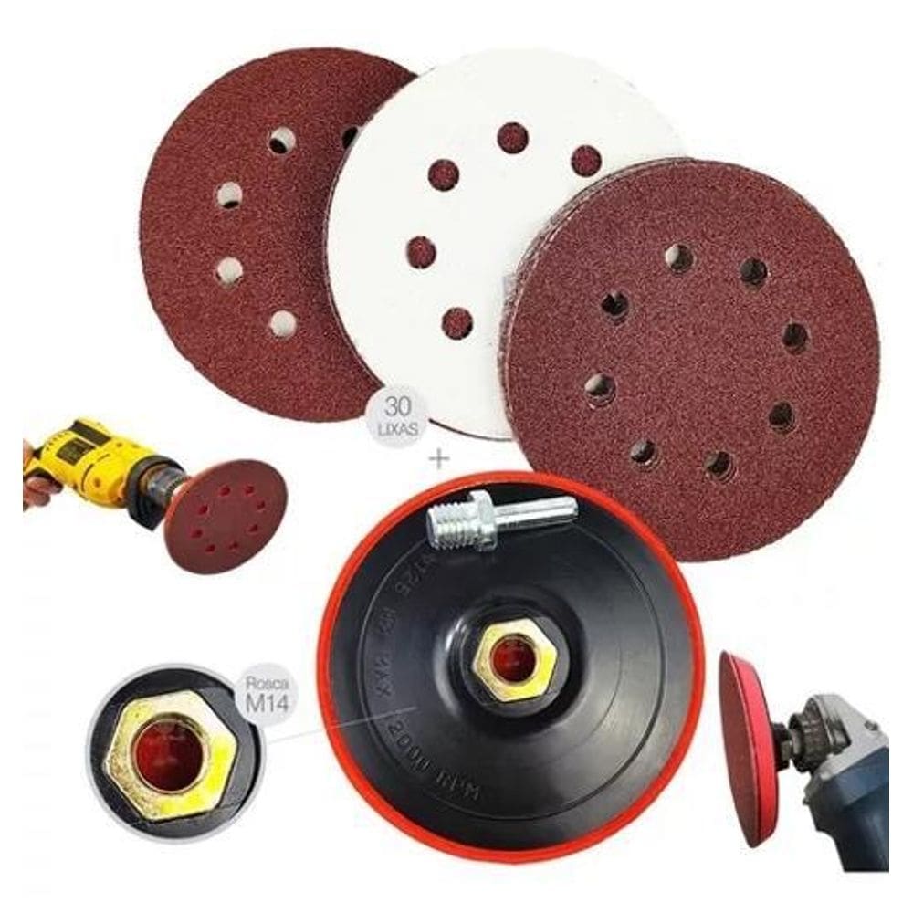 Suporte de boina furadeira lixadeira + 30 discos lixa 125mm