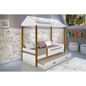 Cama Casa Montessoriana Com Cama Auxiliar E Fio Led