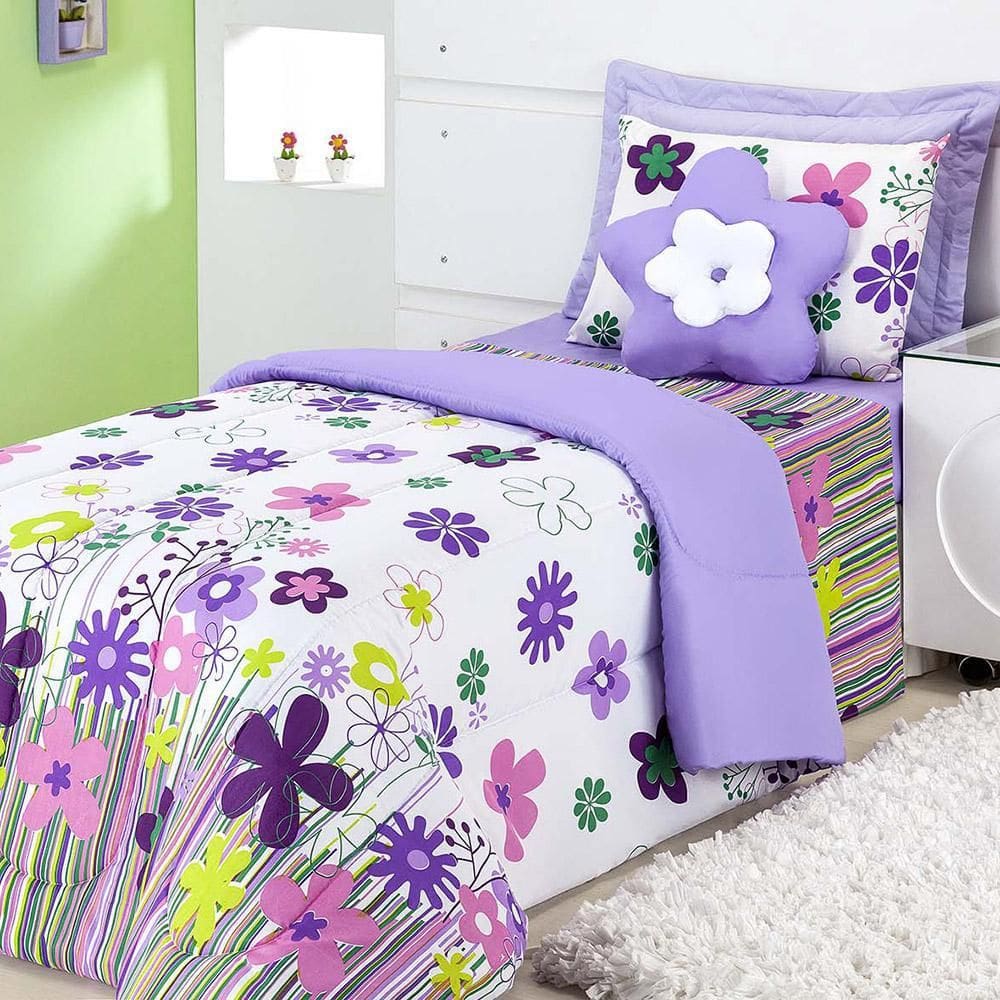 Kit edredom solteiro 3 peças garden lilás