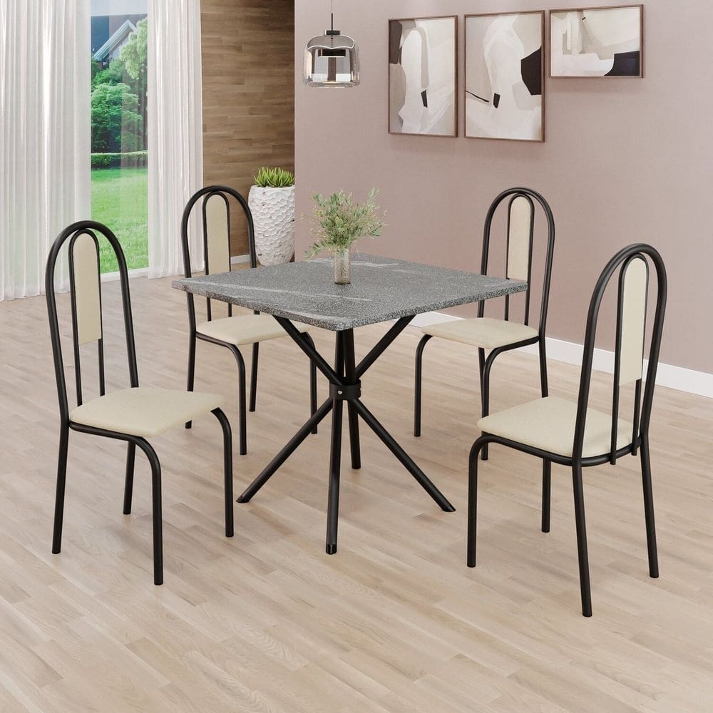 Conjunto Sala de Jantar Mesa Quadrada 70x70cm Tampo Granito Topázio 4 Cadeiras Linda Yescasa Creme/Preto Fosco
