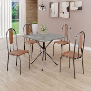Conjunto Sala de Jantar Mesa Quadrada 70x70cm Tampo Granito Topázio 4 Cadeiras Linda Yescasa Marrom/Prata