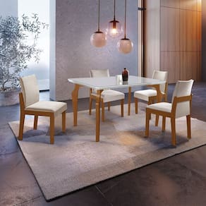 Conjunto Sala de Jantar Mesa Marialice Tampo Vidro/mdf com 4 Cadeiras Mônaco Espresso Móveis Castanho Cinamomo / Creme / Off White