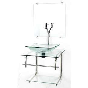 Gabinete De Vidro Para Banheiro 40cm Inox Cuba Quadrada Com Sifao E Torneira Metal Cor:incolor