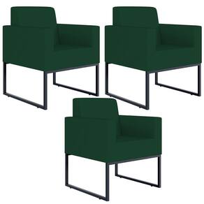 Kit 03 Poltronas Base Fixa Metal Helô L02 Suede Verde Musgo