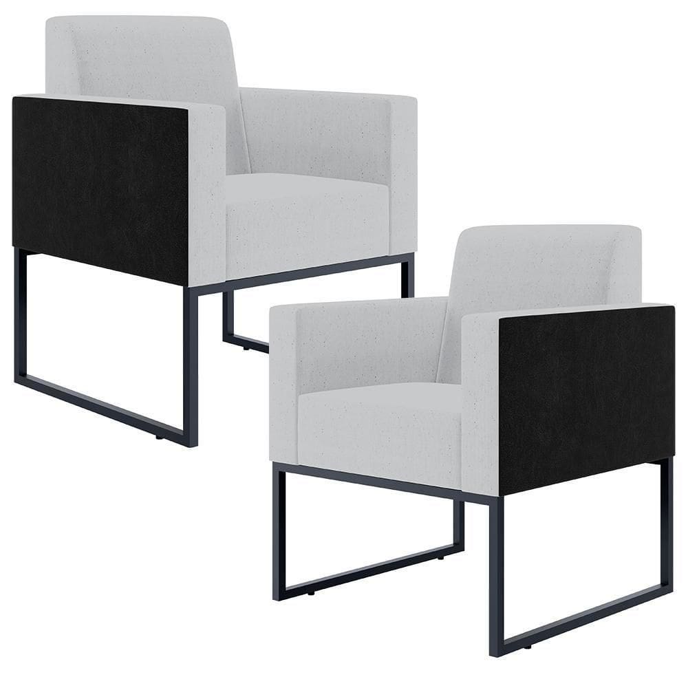 Kit 02 Poltronas Sala Base Metal Linho Cinza Preto