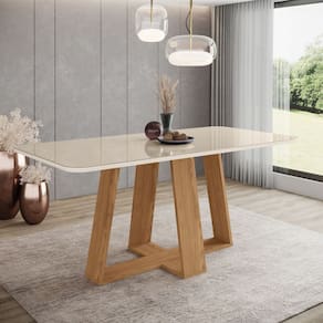 Mesa de Jantar 6 Lugares 1,8m Tampo MDF e Vidro Canto Arredondado Lins Henn