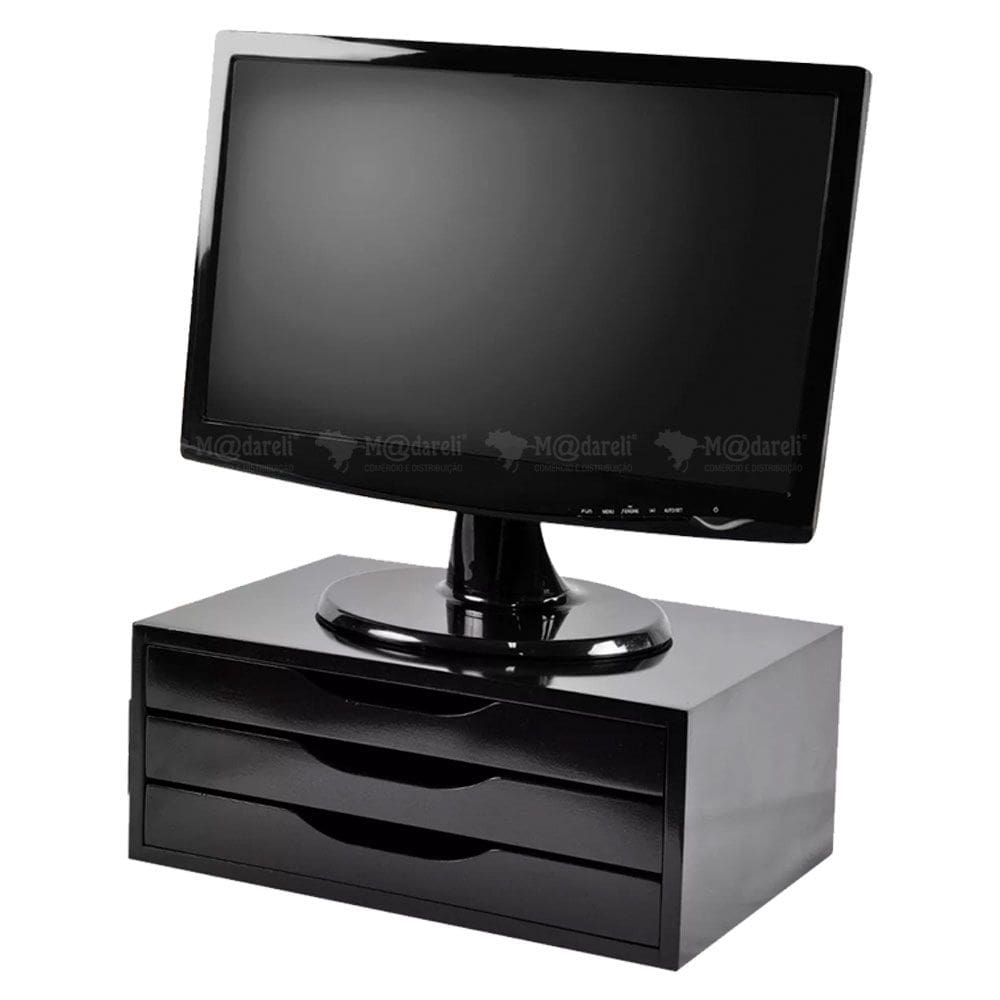 Suporte para monitor 3 gavetas - preto