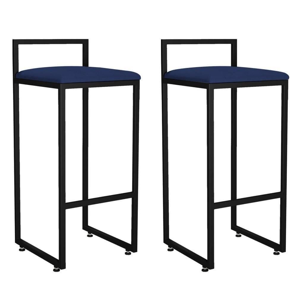 Kit 02 Banquetas Altas Para Cozinha Sala De Jantar Hanna L02 Preto Suede Azul Marinho