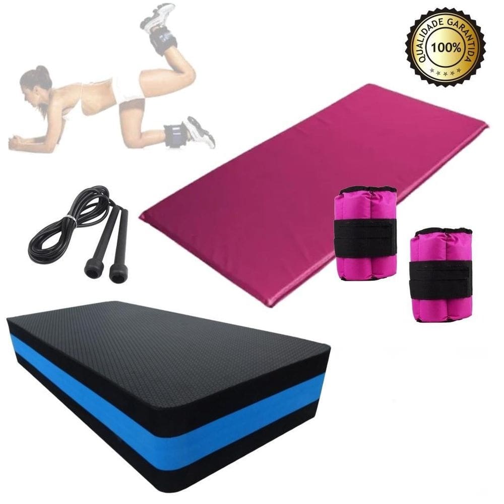 Kit step + colchonete academia rosa + corda pular +