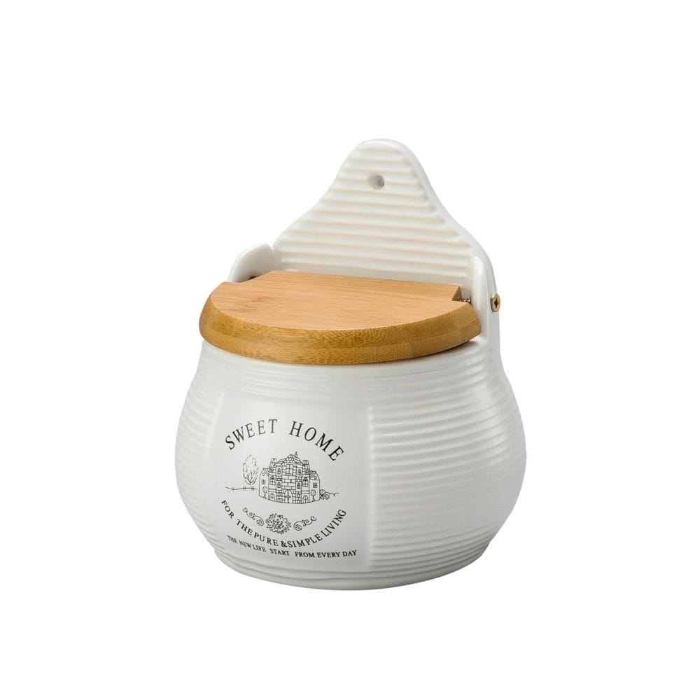 Saleiro de Parede de Cerâmica com Tampa de Bambu Sweet Home 10cm x 7,5cm x 13cm -Lyor