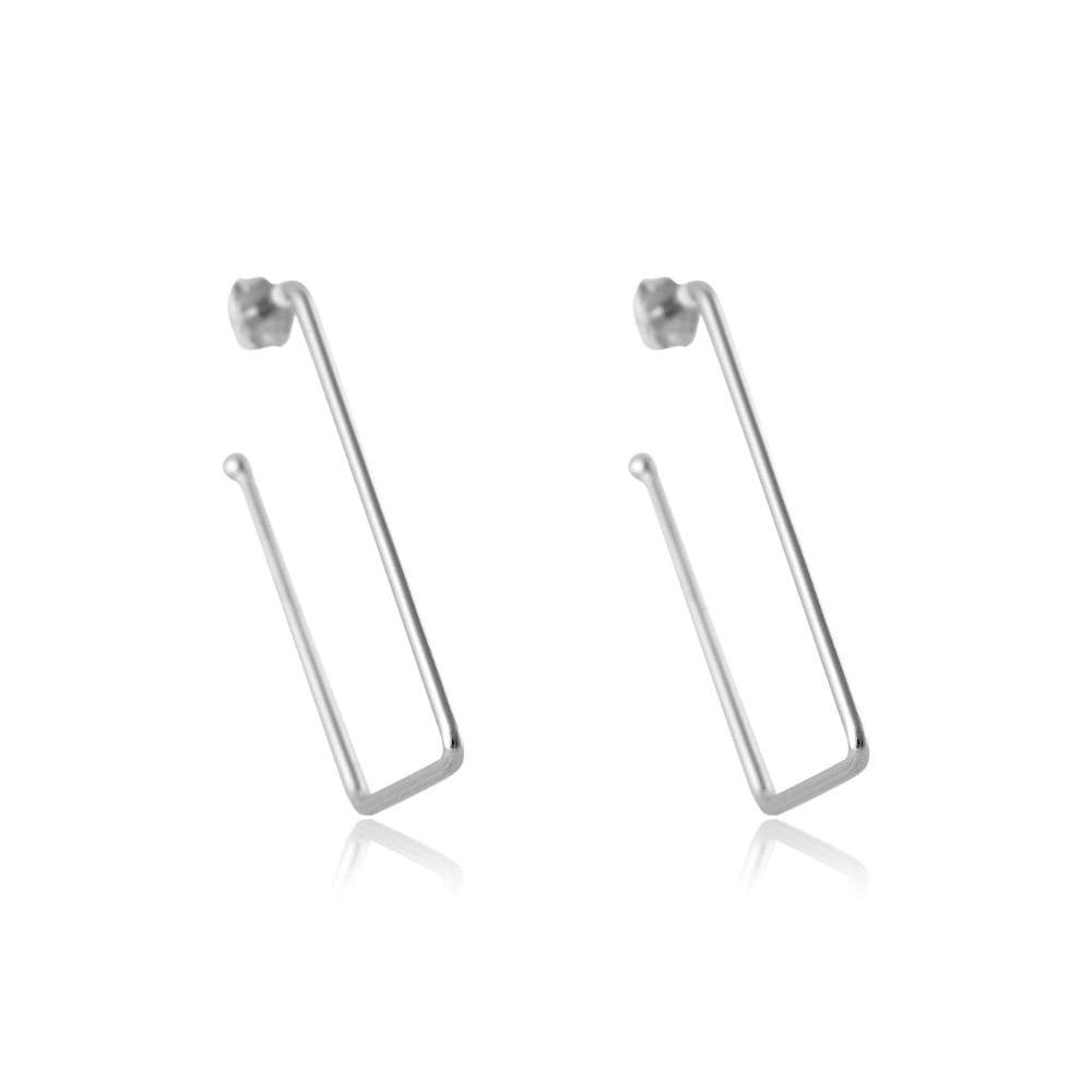 Brinco Argola Grande Retangular Folheado Em Ródio Branco [F027]