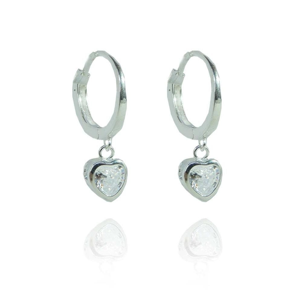 Brinco De Argolinha Coração De Zircônia Em Prata 925 [F027]