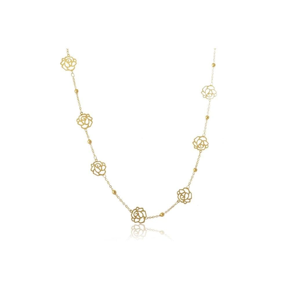 Colar Longo Com Bolinha E Flor Folheado Em Ouro 18k [F027]