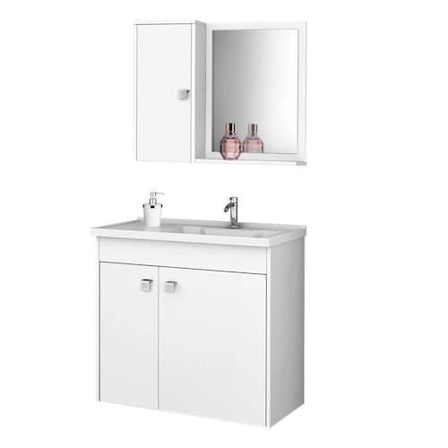 imagem-Kit Banheiro Gabinete 56cm Pia E Armário Com Espelho Branco