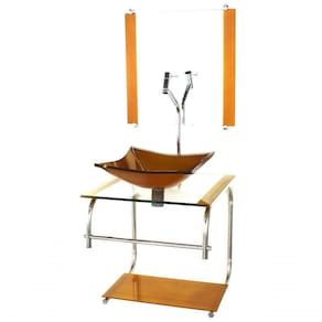 Gabinete De Vidro Para Banheiro 40cm Inox Cuba Quadrada Com Sifao E Torneira Metal Cor:dourado Real