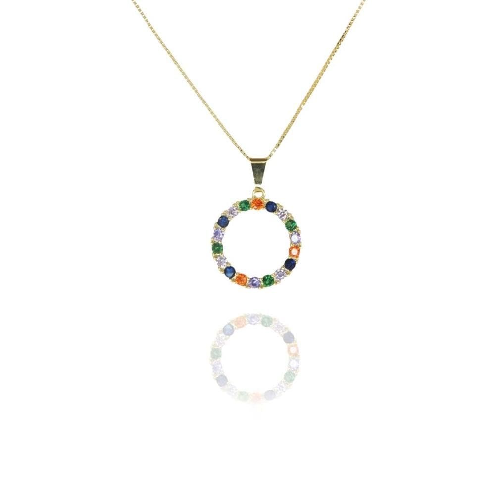Colar Pingente Circulo De Zircônia Colorida Folheado A Ouro 18k [F027]