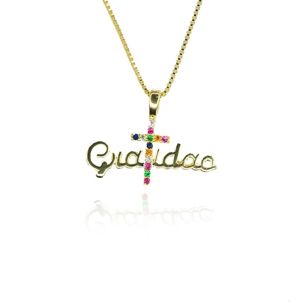 Colar Pingente Gratidão Cruz Colorida Folheado A Ouro 18k [F027]