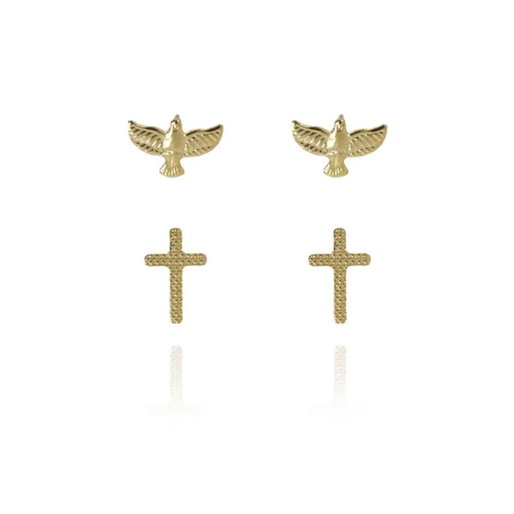 Duo De Cruz E Espírito Santo Folheado Em Ouro 18k [F027]