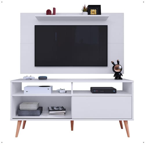 Rack Bancada Estante Painel TV Smart 48 Polegadas Home Pequeno Nicho Porta Correr Pés Palito Retrô Sala Quarto Samba Branco- RPM