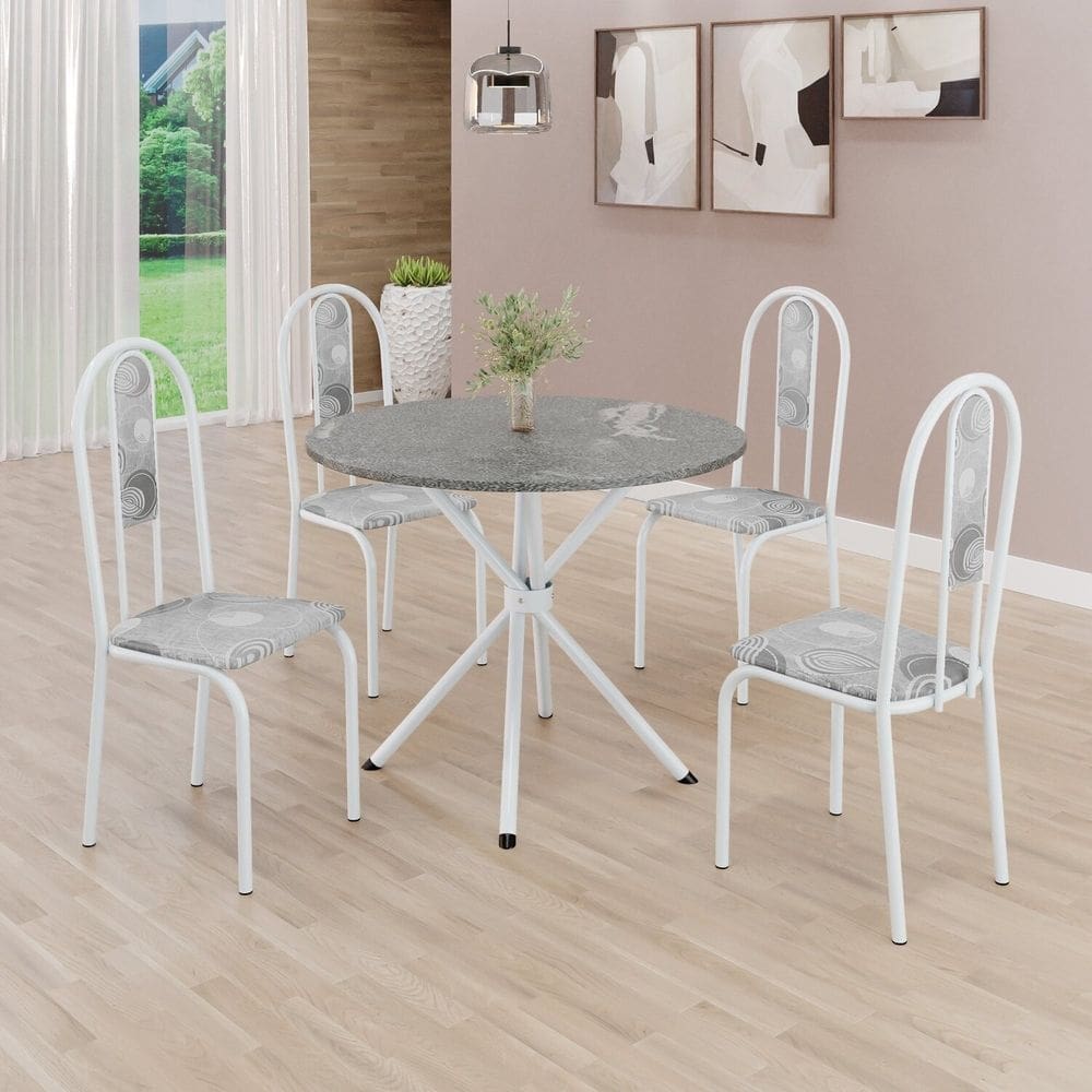 Conjunto Sala de Jantar Mesa Redonda 70cm Tampo Granito Topázio 4 Cadeiras Linda Yescasa Paraopeba/Branco