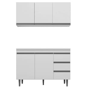 Balcão 120Cm 2 Portas E Armário Aéreo 3 Portas Branco