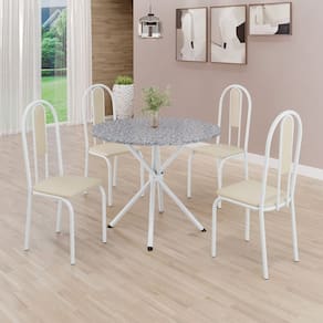 Conjunto Sala de Jantar Mesa Redonda 75cm Tampo Granito Ocre 4 Cadeiras Linda Yescasa Creme/Branco