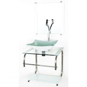 Gabinete De Vidro Para Banheiro 40cm Inox Cuba Quadrada Com Sifao E Torneira Metal Cor:branco