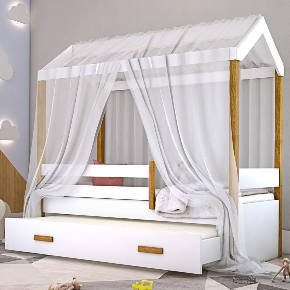 Cama Montessori Cabana Com Auxiliar Solteiro E Dossel Branco