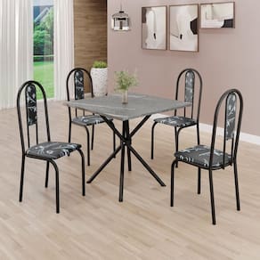 Conjunto Sala de Jantar Mesa Quadrada 70x70cm Tampo Granito Topázio 4 Cadeiras Linda Yescasa Preto Floral/Preto Fosco