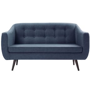 Sofá 2 Lugares Retrô Mimo Botonê Daf Móveis 135 cm Madeira Eucalipto Linho Azul Base Madeira Tauari