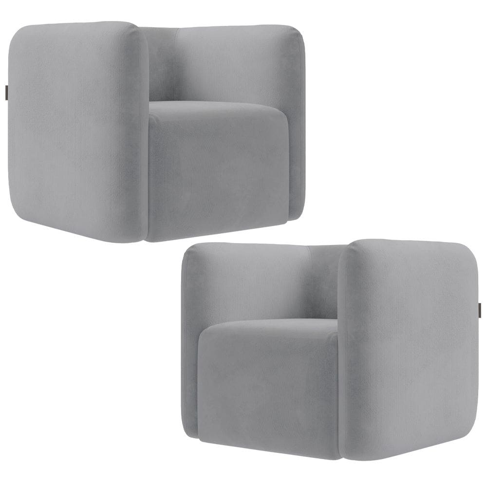 Kit 02 Poltronas Decorativas Para Sala de Estar Fixa Living Peônia K01 Veludo Cinza - Lyam Decor