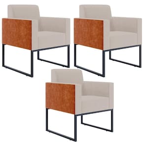 Kit 03 Poltronas Base Fixa Metal Helô L02 Linho Bege Camel