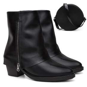 Bota Feminina Cano Curto Couro Casual Zíper + Bolsa Roma