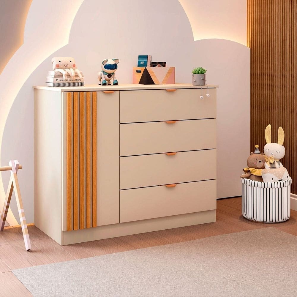 Cômoda Infantil Ayla 1 Porta 4 Gavetas 100% Mdf Off White