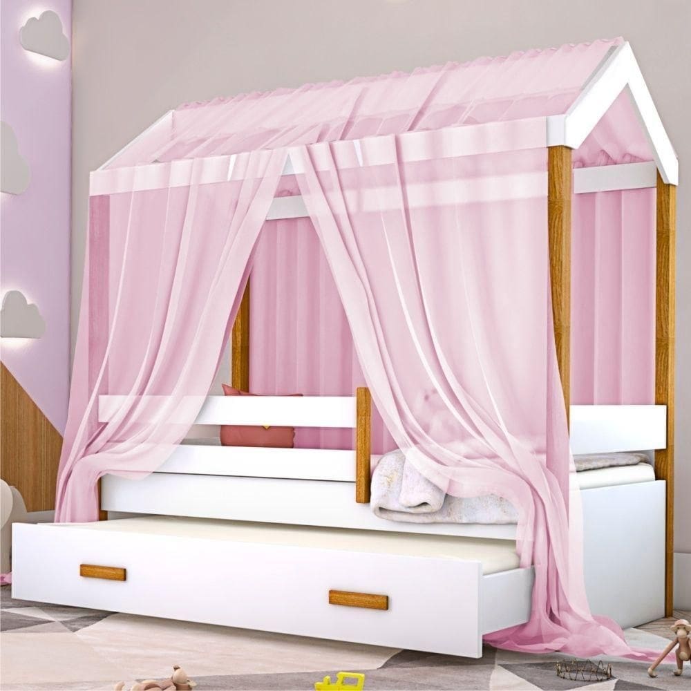 Bicama Montessoriana Exclusiv Solteiro Com Voal Rosa