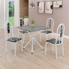 Conjunto Sala de Jantar Mesa Quadrada 70x70cm Tampo Granito Topázio 4 Cadeiras Linda Yescasa Preto Floral/Branco