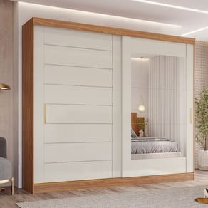 Guarda-roupa Casal 264cm 2 Portas de Correr 8 Gavetas com Espelho 100% Mdf Siena Cinamomo/Off White