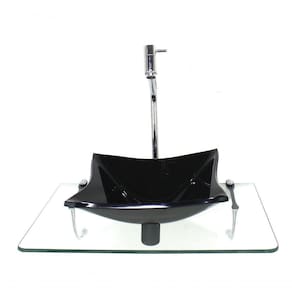 Kit Cuba De Vidro 10Mm Preta Tampo 50Cm Incolor Com Suporte Torneira Valvula