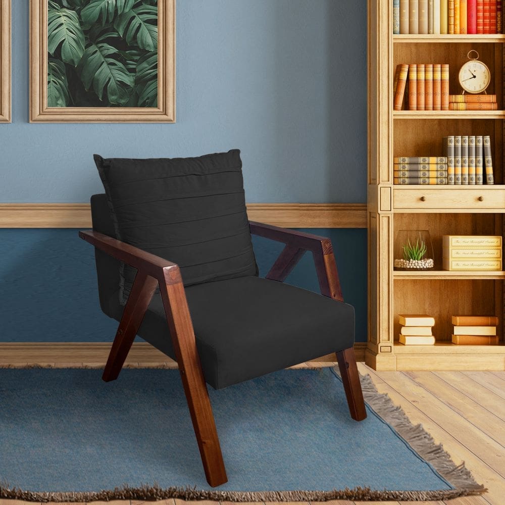 Poltrona Monalisa Decorativa Mona Pés de Madeira Maciça Suede Preto