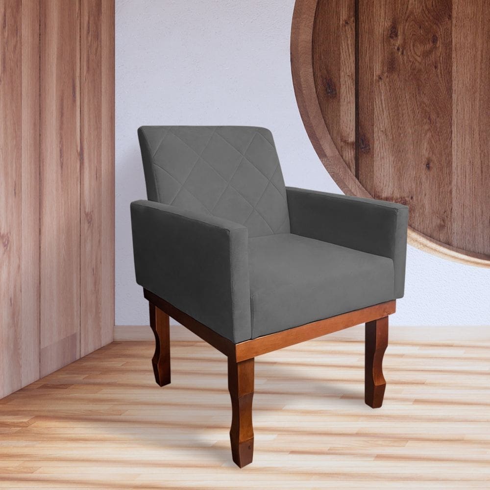 Poltrona Medusa Retrô Pés de Madeira Maciça Suede Cinza